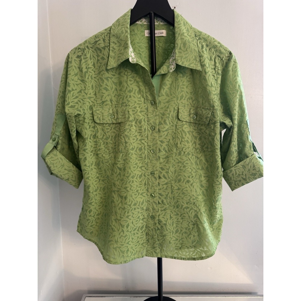 Coldwater Creek Women's Sheer Green Leaf Print Roll Tab Button Shirt PM